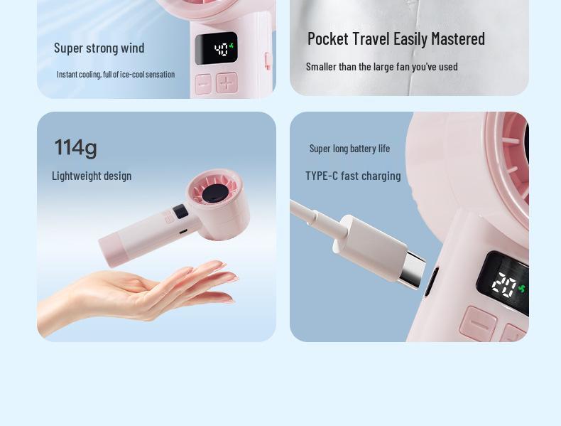 Compact USB Rechargeable High-Speed Digital Display Handheld Fan