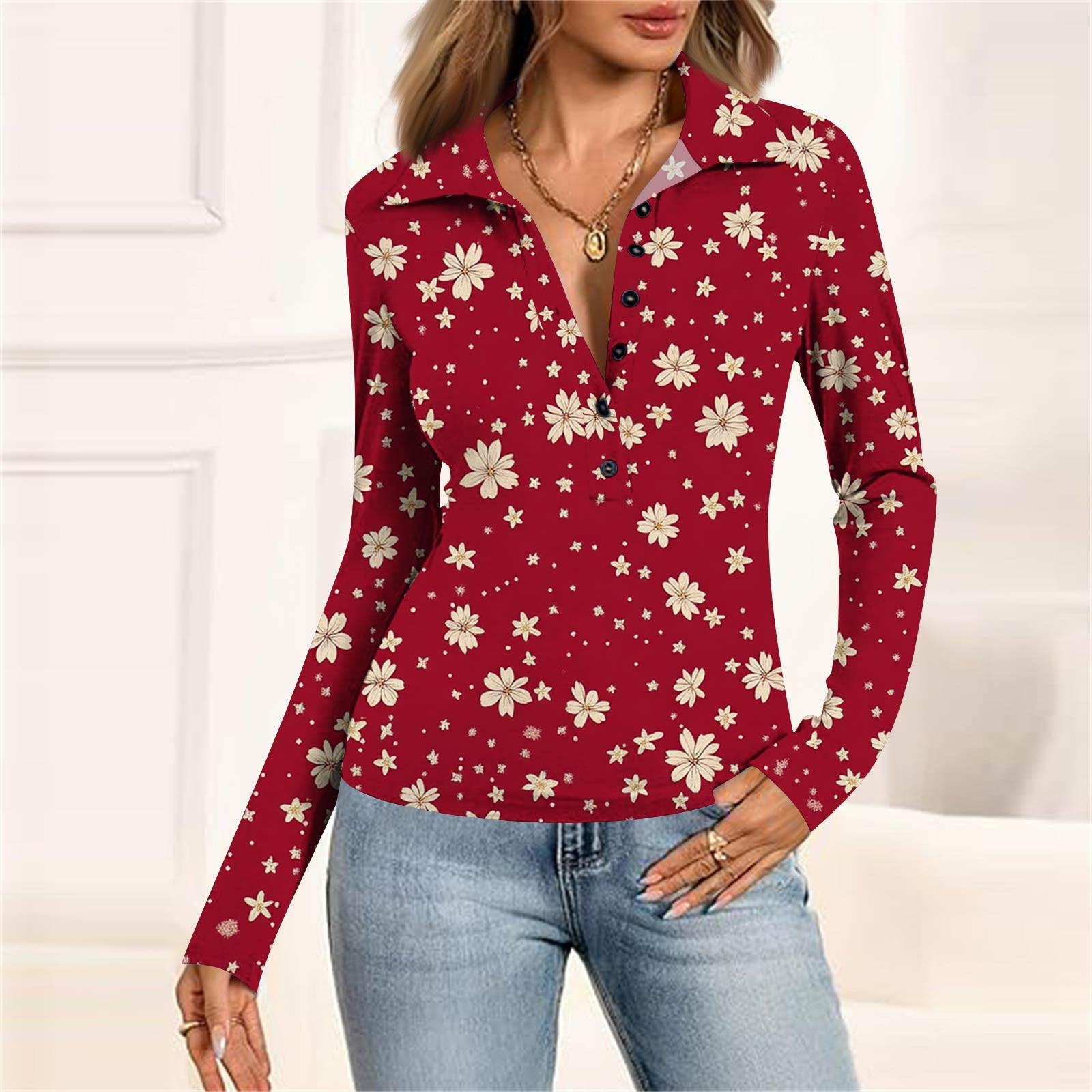 

Женская мода Повседневный принт V-образный вырез Длинный рукав Застегивающаяся на пуговицы блузка L винный