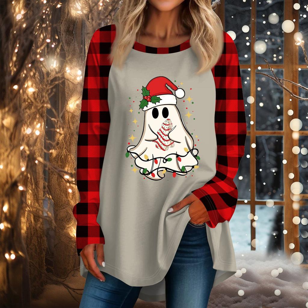 Damen Casual Plus Size Langarm Rundhalsausschnitt Weihnachtsdruck T-Shirt Top Pullover