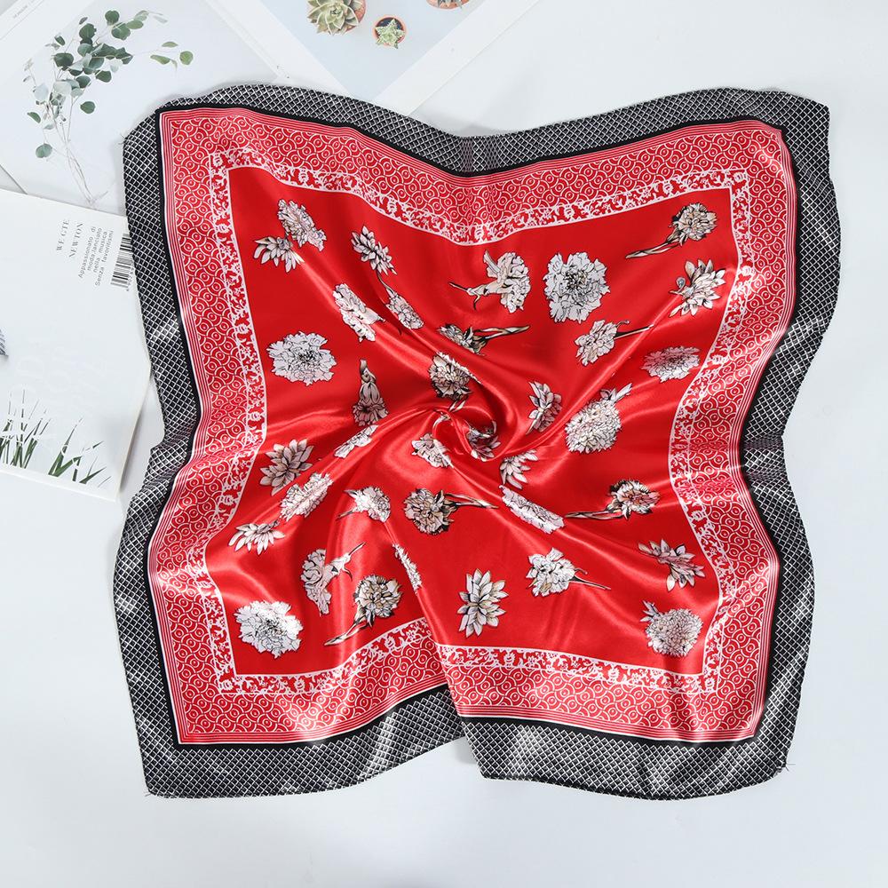 Stewardess Silk Scarf Floral Print 60Cm Small Square Scarf Satin Imitation Silk Scarf Decorative Scarf Neck Protection Scarf