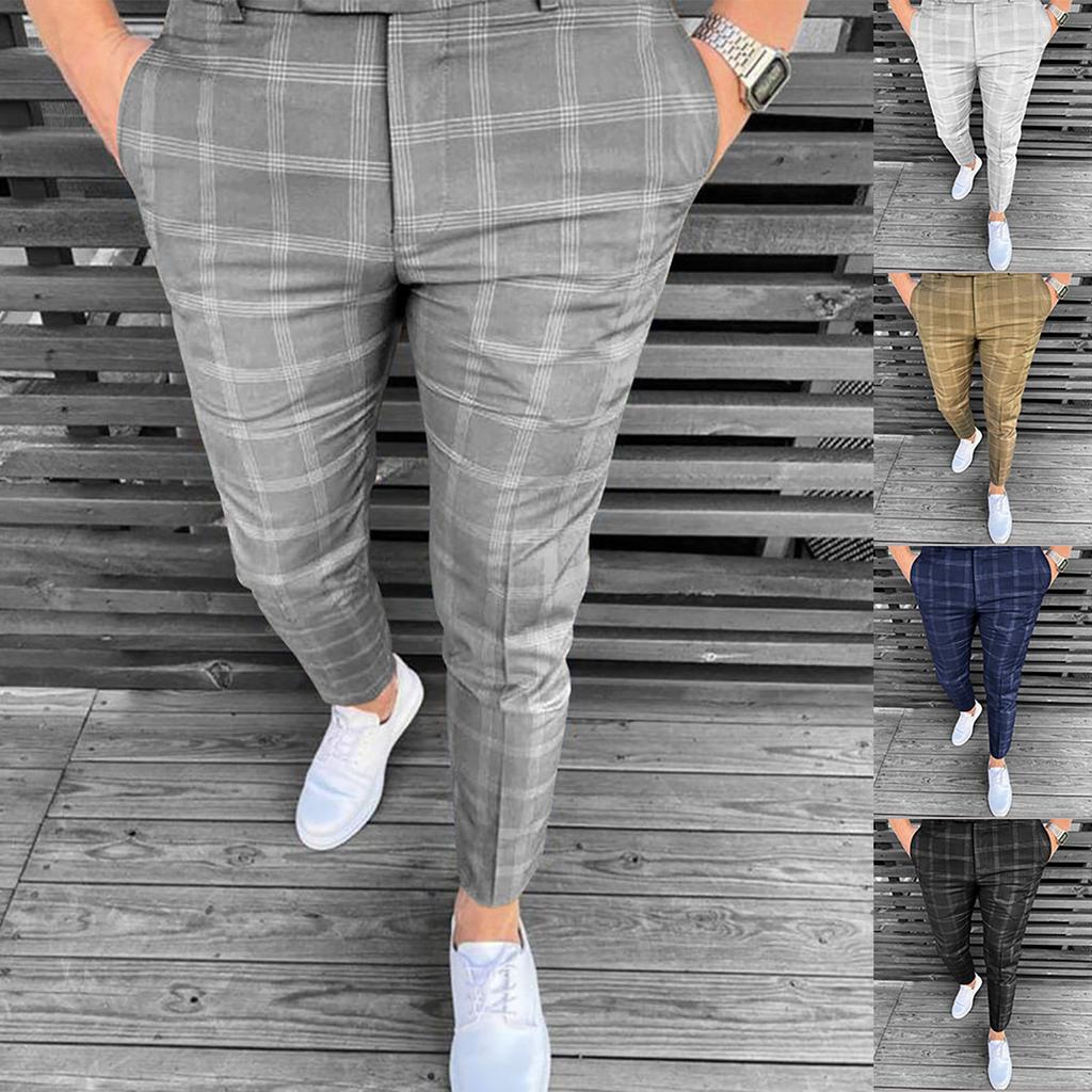 Men's Fashionable Stretch Trousers, Slim-fitting Plaid Trousers, Business Suit Trousers, Casual Golf Trousers