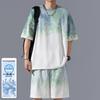 Men's Gradient Tie-Dye Ice Silk Summer Two-Piece Set: Breathable Cooling Short Sleeve Shirt & Casual Sports Shorts.
