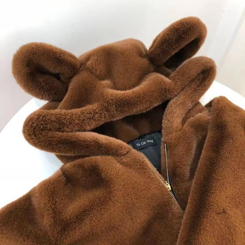 Women's Hooded Long Sleeve Plush Top Loose Fit Lazy Style Bear Ear Hoodie 2026 Winter Solid Color Fleece Warm Outerwear
