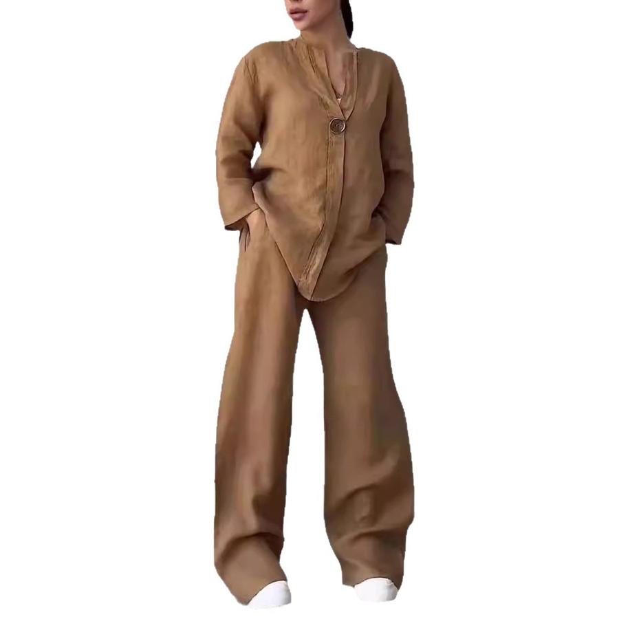 Oversized Loose Top Wide Leg Pants Casual Cotton Linen Set for Women