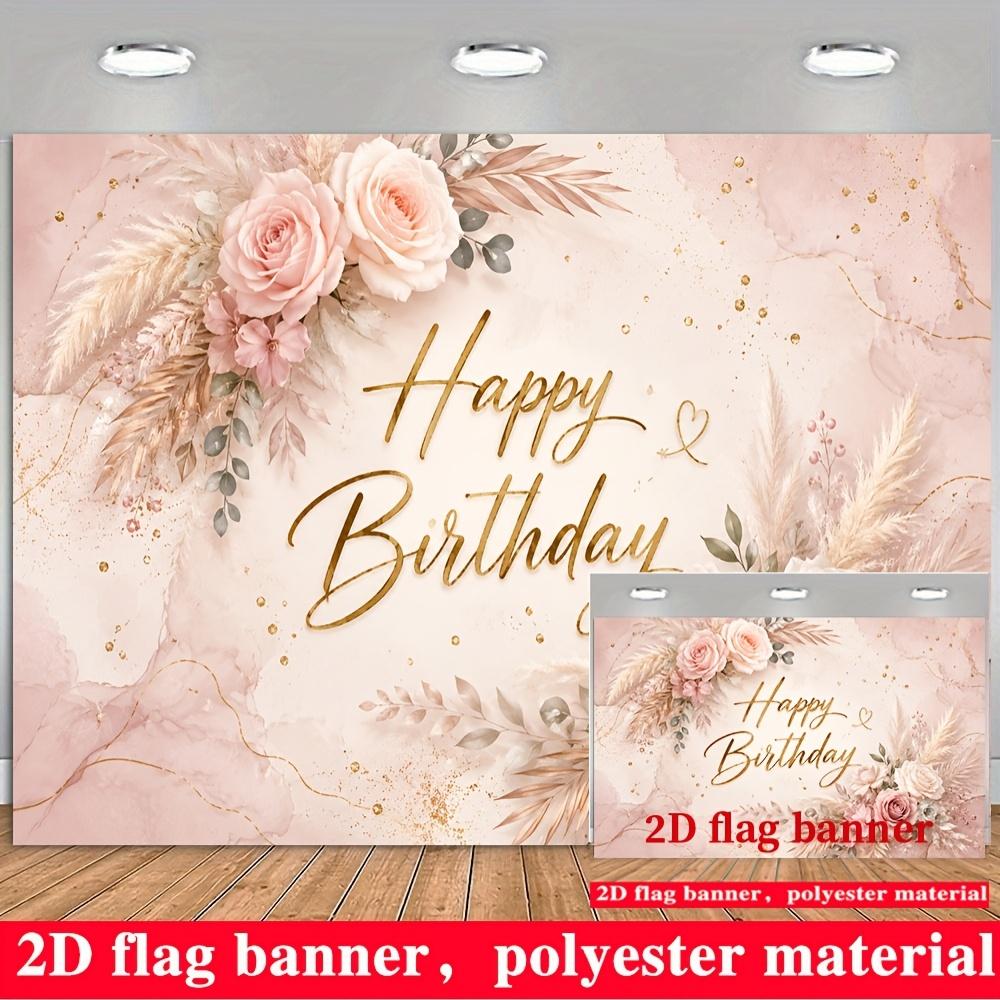 Pink Happy Birthday Banner Backdrop Marble Roses Pampas Greenery Polyester