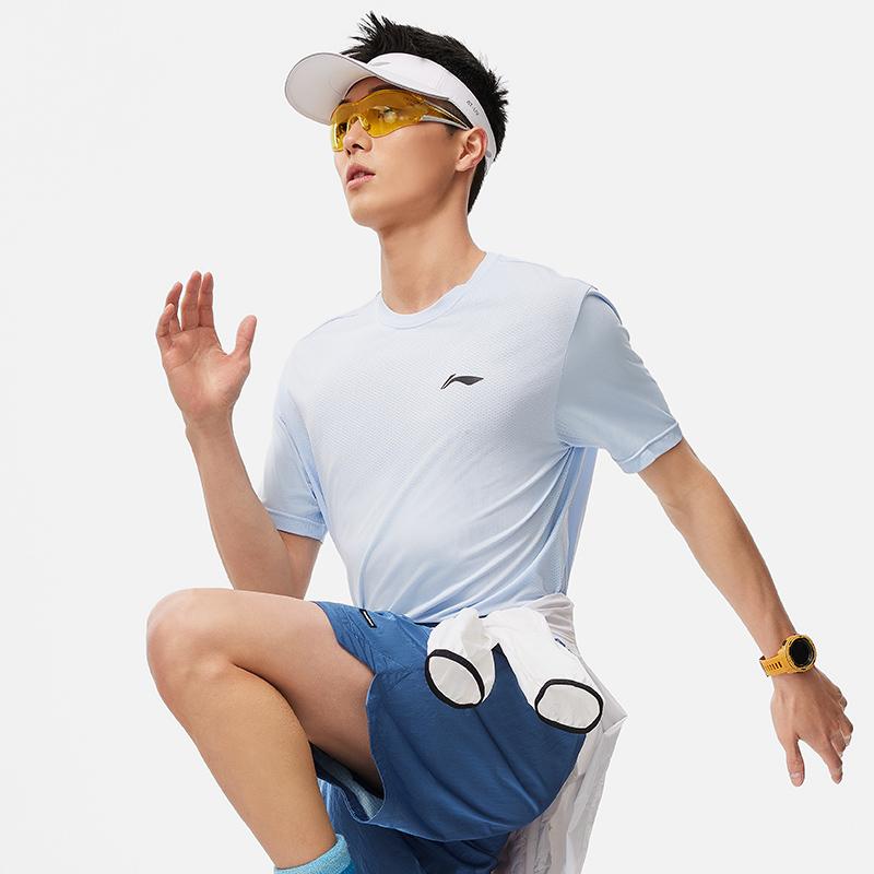Li Ning Running Series Solid Color Round Neck Pullover Breathable Short Sleeve T-Shirt Men Tops Sky-Blue ATSU195-3