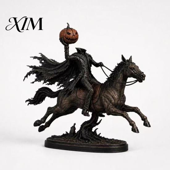 Gaming Room Shelf Accessory Halloween Knight On Horseback with Luminous Pumpkin Head Resin Figurine, Decorative Horse Statue Lighted Ornament for Home