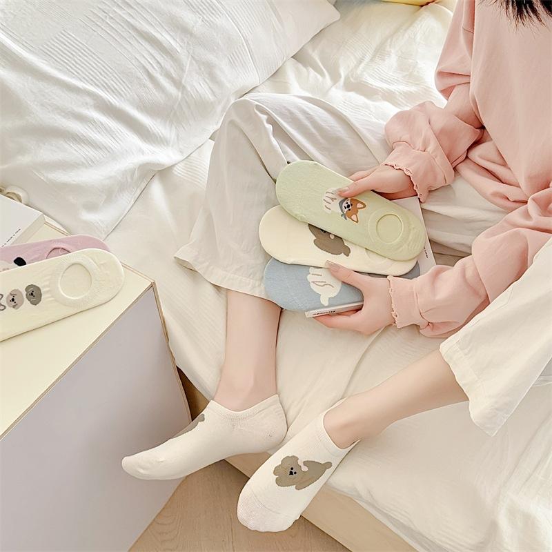 Spring and Summer Cute Little Animal Boneless Boat Socks for Girls, Cartoon School Style Pure Cotton Short Tube Anti-slip Invisible Socks