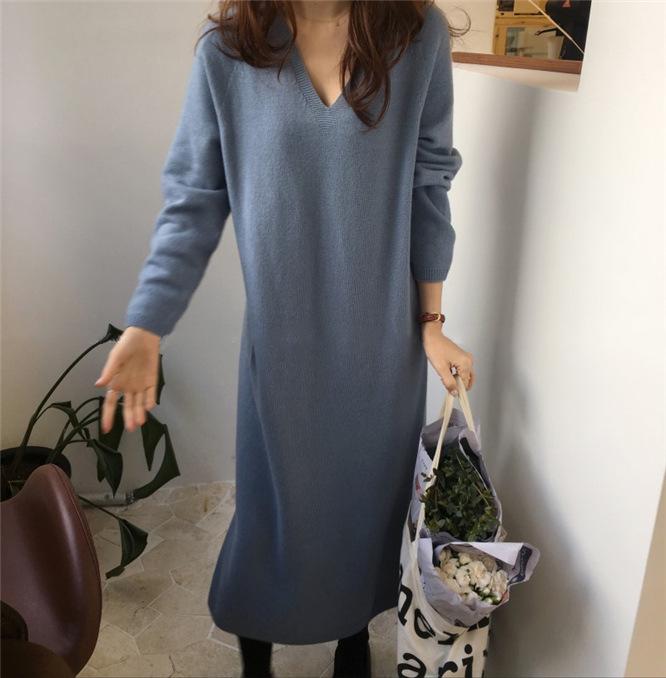 2022 Autumn/Winter Korean V-neck Chic Knit Dress - Slimming, Mid-length, Loose, Woolen Skirt