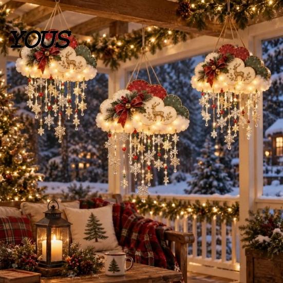 Winter Party Hanging Decor Vintage Lighted Christmas Snowfall Cloud, Cascading Snowflake Light with Reindeer/Angel, Holiday Gift for Home LED Lantern
