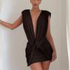 European and American Style Autumn and Winter New Women's Clothing Fashionable and Sexy Deep V-fold Hip-wrapped Short Skirt Solid Color Dress