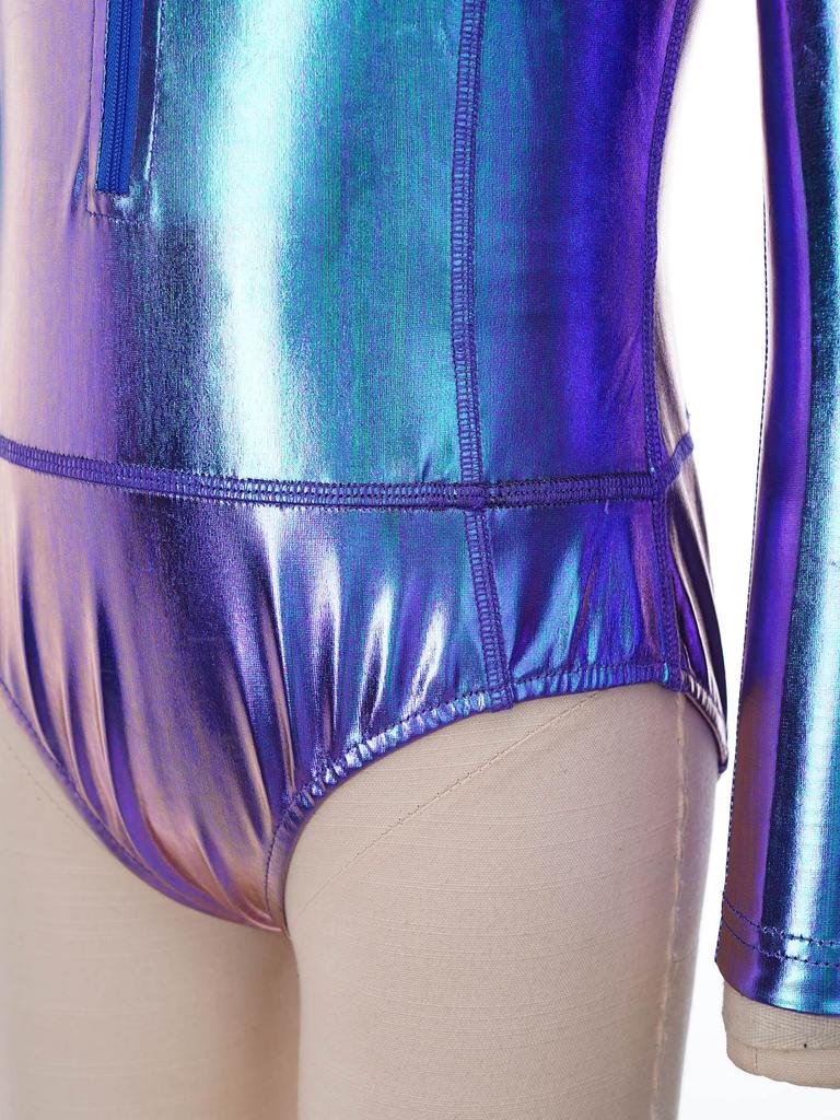 Kids Girls Zipper Metallic Leotard Long Sleeve Shiny Bodysuit for Jazz Dance Stage Performance Cosplay Theme Party Costume