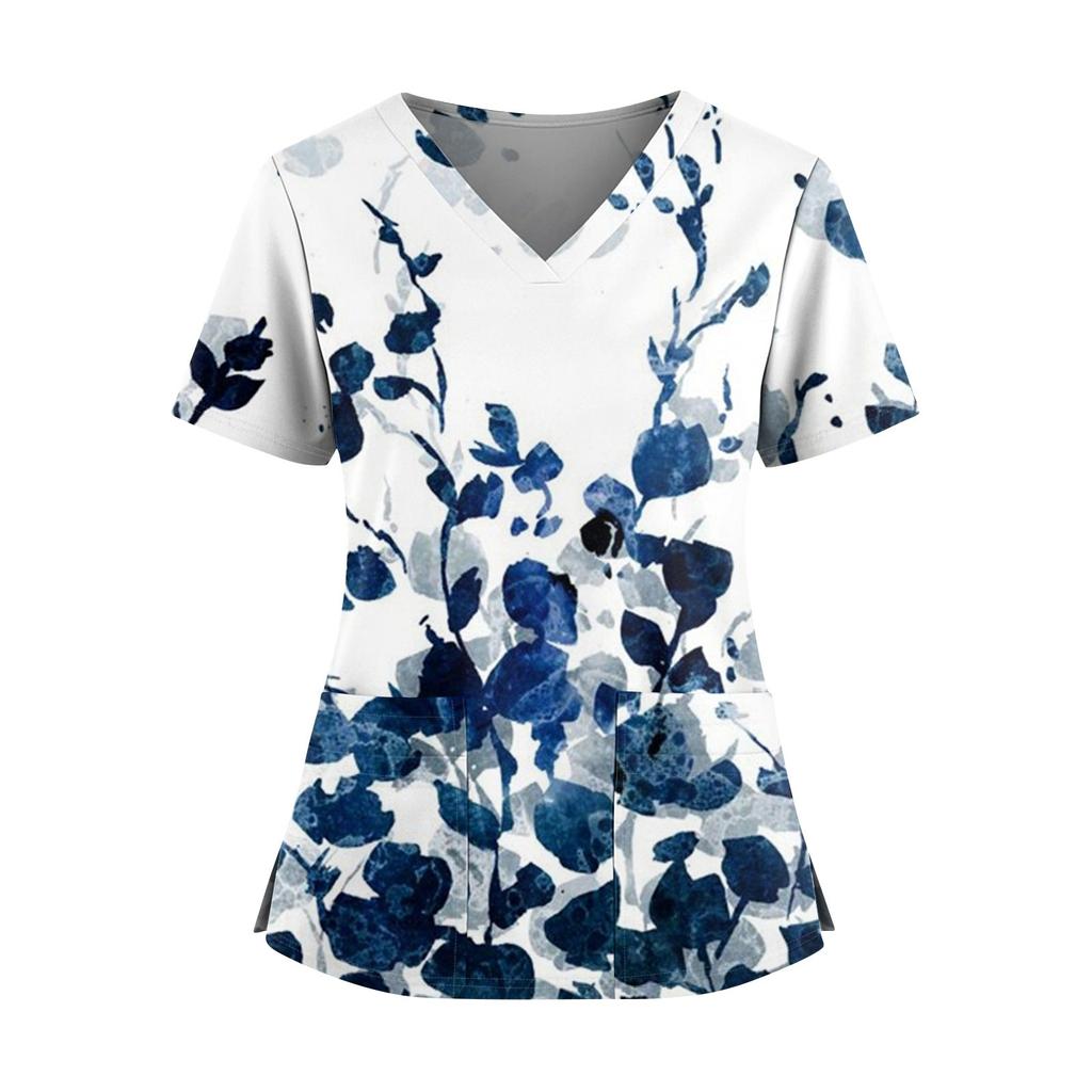 Women's Fashionable Printed V Neck Double Pocket Short Sleeved Shirt With Slit Hem Uniform And Worker Top