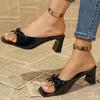 Fashion Elegant Ladies Slip On Bowknot Sandals 2025 Patent Leather Square Toe High Heels Mules Shoes Woman Plus Size 42 Sandalias Mujer