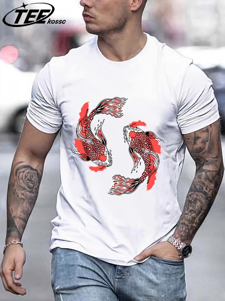 Japanese Harajuku Soaring Koi Print T Shirt Men Summer Casual Short Sleeve ONeck Loose TShirt Cotton Unisex Fashion Clothing
