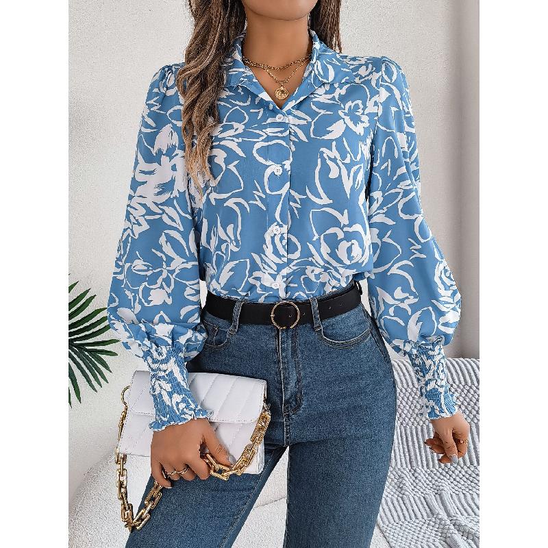 2026 Spring/Summer Elegant Contrast Color Floral Lantern Sleeve Turn-down Collar Shirt Casual Breathable Women's Top