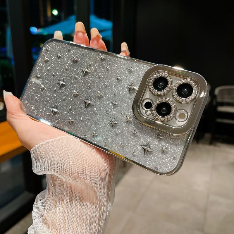 

Подходит для iPhone 14 с градиентным блеском и чехлом для телефона с объективом, инкрустированным бриллиантами, Apple 15 3D сложный защитный чехол из ТПУ 13pro iPhone15plus серебряный