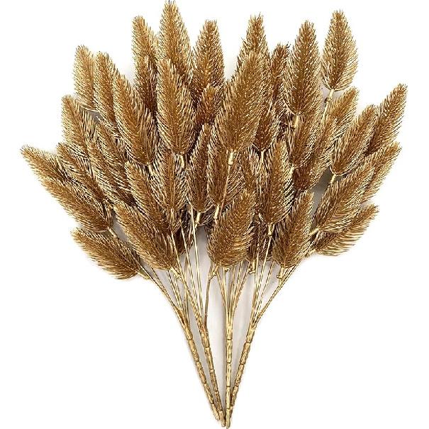 PASYOU Fake Leaves Plants for Christmas Decor, Gold Artificial Shrubs Grass Foliage Plastic Bulk Leaf Indoor Outdoor Home Garden Party Hotel Verandah