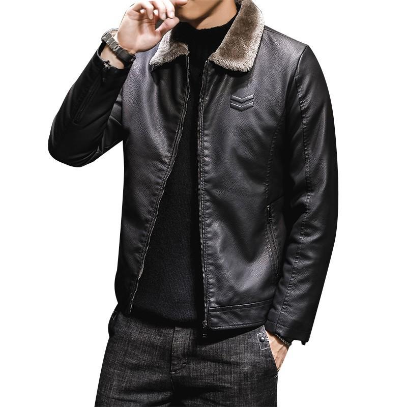 2019 New Men'S Leather Jacket Men'S Leather Jacket Lapel Collar Middle-Aged And Elderly Men'S Clothing Fleece Thickened Trendy Fur