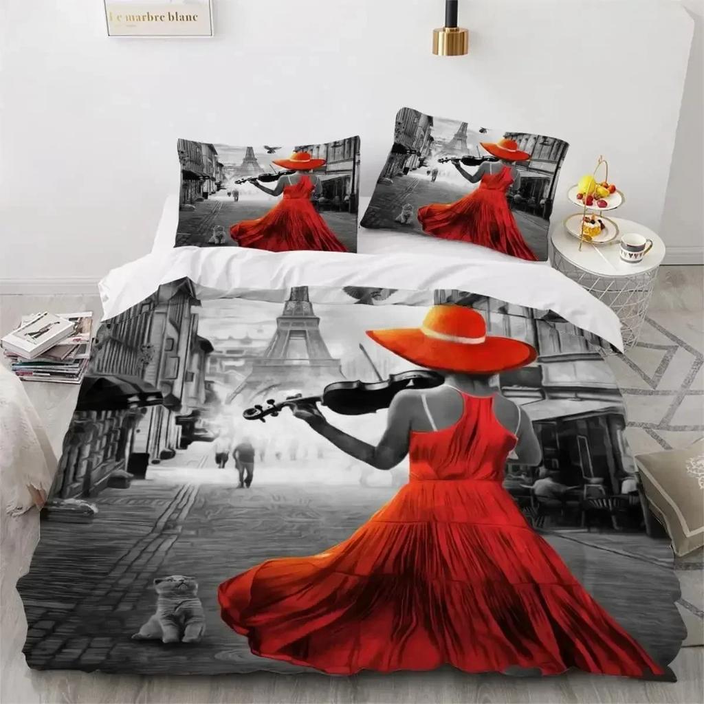 Eiffel Tower Duvet Cover Paris France Bedding Set Retro Red Truck Quilt Cover City Building Automobile Polyester Cover Bed Sets