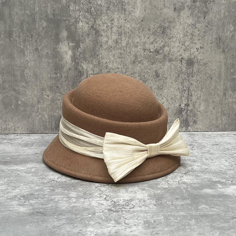 French Celebrity Retro Hepburn Style Silk Hemp Big Bow Woolen Basin Hat Female Convex Top Elegant Top Hat Autumn And Winter