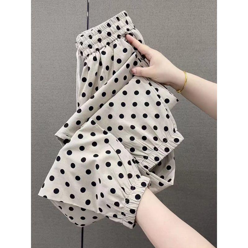 

Женские летние тонкие брюки-капри с завязками на щиколотках в горошек, новинка 2025 года, с высокой талией, стройнящие, из льна сюань, повседневные брюки галифе, брюки-морковки Wave point L