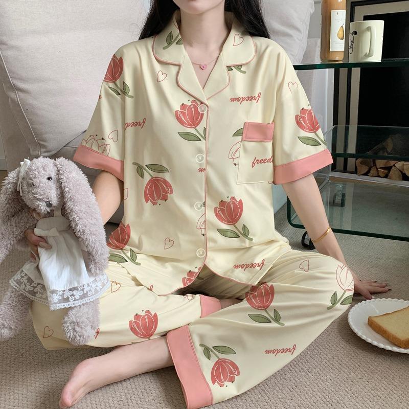 Tulpe Pyjama Damen Sommer neu Imitation Baumwolle kurzärmelige Hose mittel Mutter dünn große Größe Loungewear