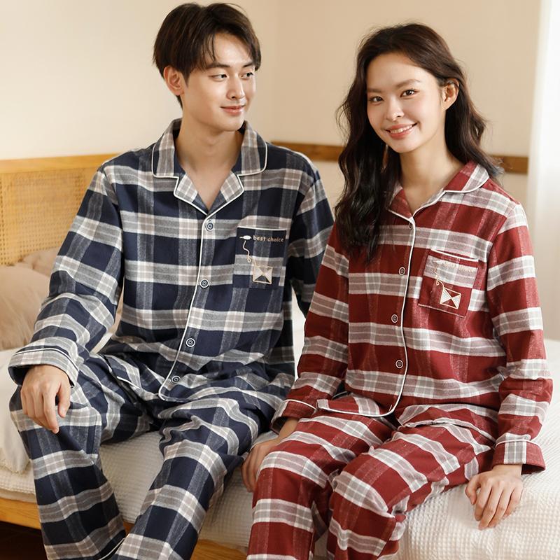Pajama Couple Long-Sleeved Checkered Men's and Women's Autumn Casual Home Suit Set
