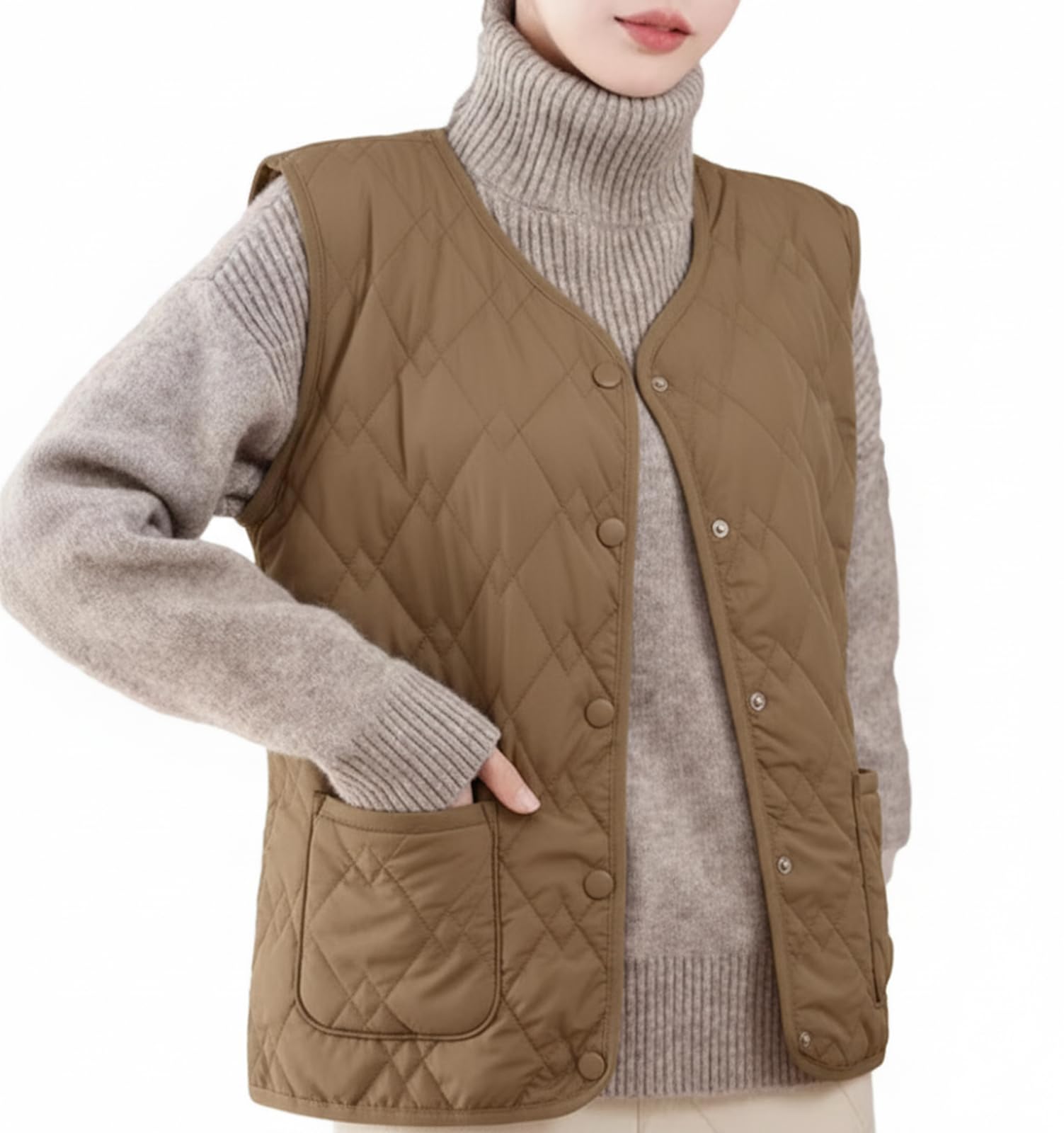 Nibunnoichi Style Vest Lightweight Short [1/2style] Gilet, Down-Style Roomwear, Quilted, Quilted, Length, Layering, Women s (Brown, L)