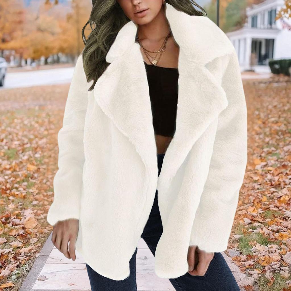 Women's Fashionable Solid-color Lapel Mid-length Plush Coat