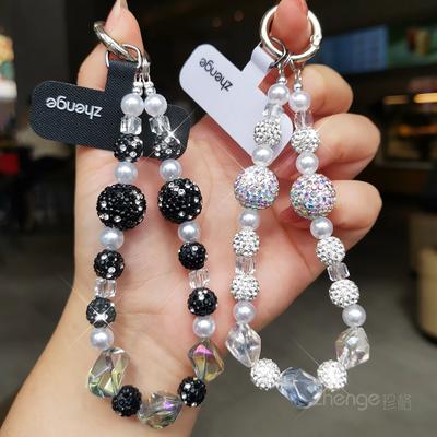 Pearl Crystal Mobile Phone Lanyard, Short Sparkling Diamond Bead Bracelet, Women's Wrist Anti Lost Hanging Accessory
