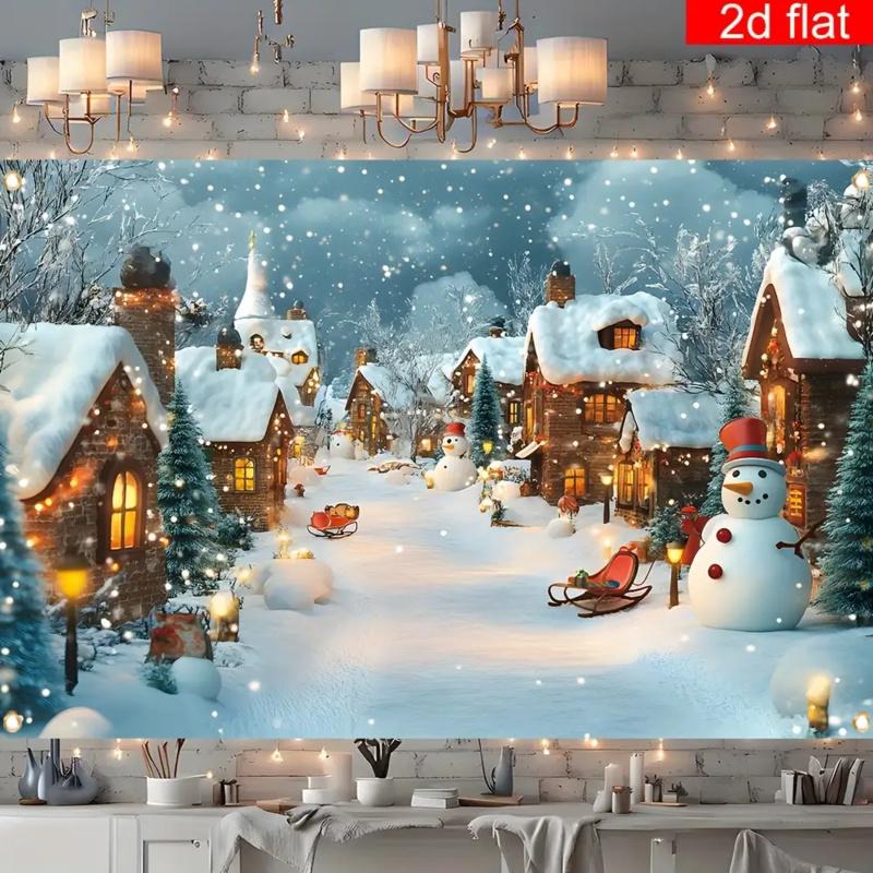 1pc 2D Flat Christmas Photo Backdrop Banner, Winter Snowy Village Pattern, No Power Required