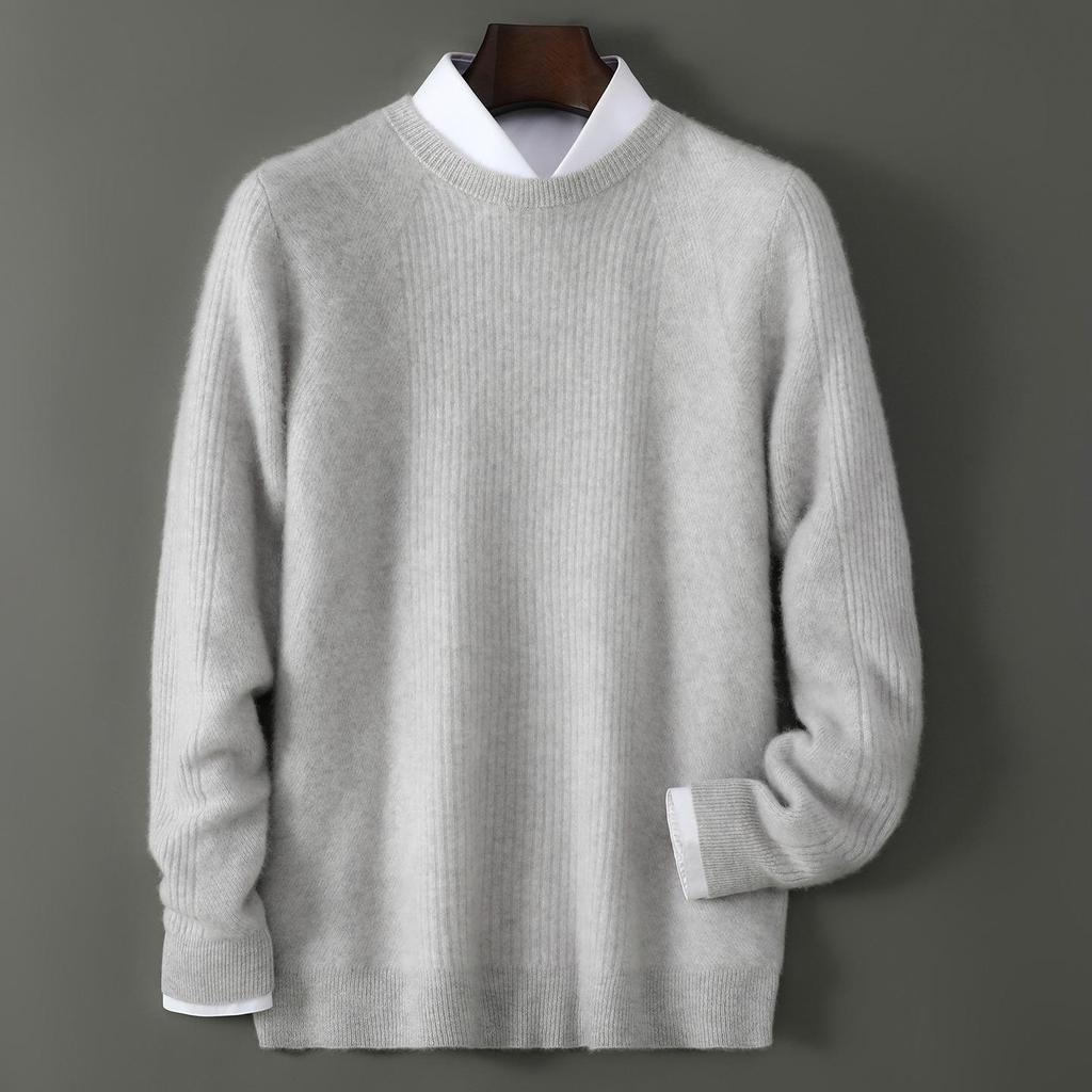 Men's High-Quality 100% Wool Round Neck Sweater, Vertical Ribbed Knit, Soft and Luxurious Thick Base Layer