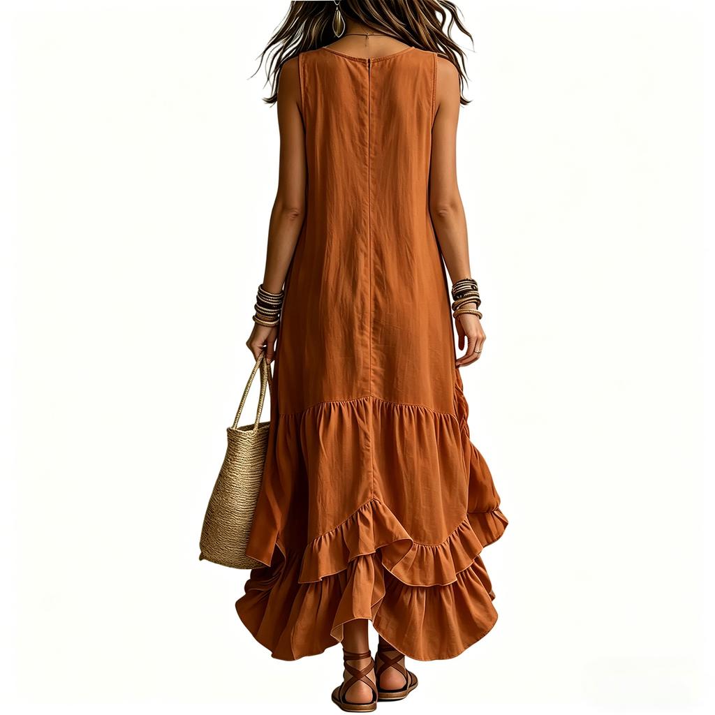 Ladies' Casual Sleeveless Cotton Linen V-neck Big Swing Dress
