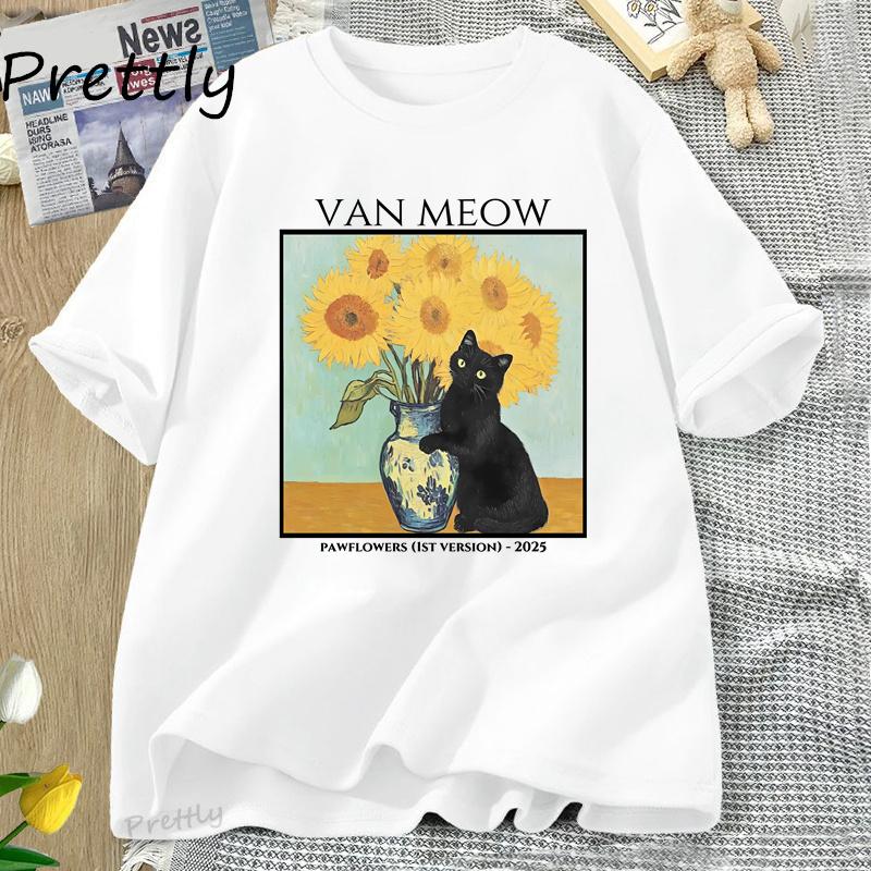 Van Gogh Van Meow Cat Tshirt Funny Unisex Women Cats Lovers T Shirt Street Clothing Graphic Tees Womens Shortsleeved Tshirt