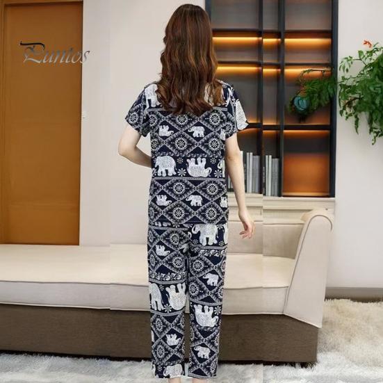 Women's Cotton Pajamas Set Short Sleeve Top Long Pants Casual Two-Piece Sleepwear Set Summer Plus Size Thin Loungewear for Elderly Mom