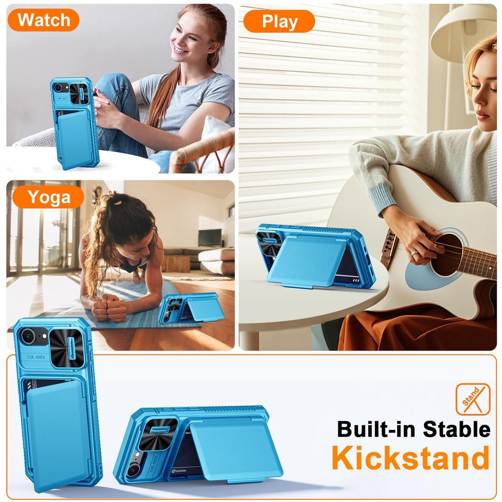With Card Holder Sliding Camera Cover And Stand For iPhone 16E / iPhone 17E Phone Case, Anti-Fall PC+TPU Wallet Case-Light Blue