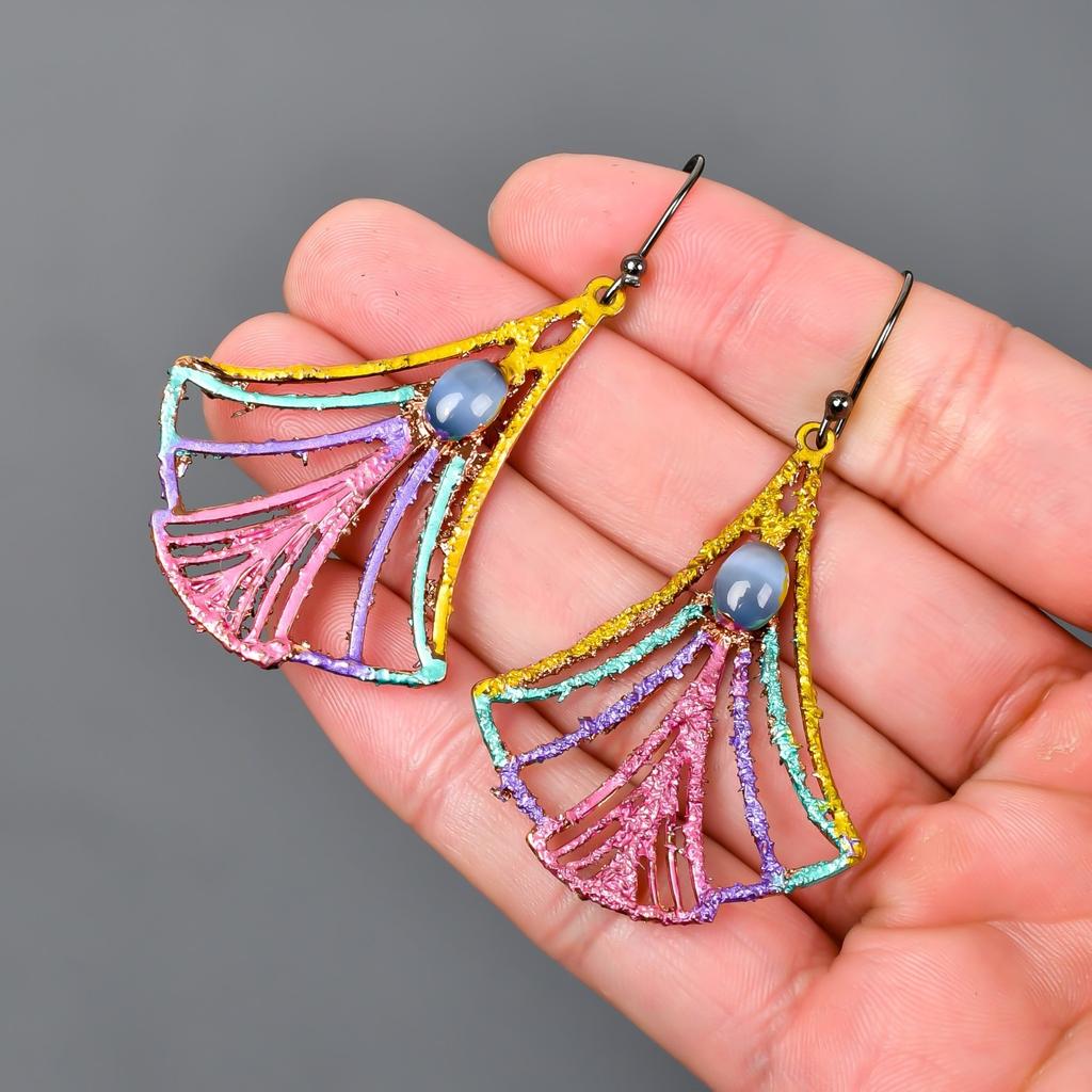 Natural Blue Cats Eye Silver Plated Drop Dangle New Multi Electroformed Earrings V-89