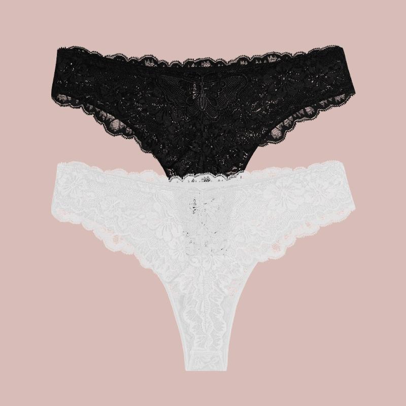 2Pcs Lace Butterfly Print Women's Underwear Sexy Hollow Out Thongs Trendy Breathable Panties Lady Perspective G-String Lingerie