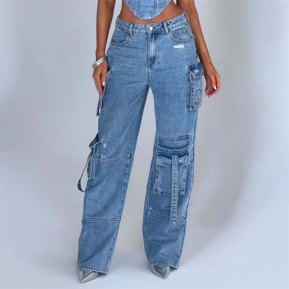 Jeans im amerikanischen Stil mit niedriger Taille und dreidimensionalen Taschennähten für Damen im Herbst mit lockerer Drapierung
