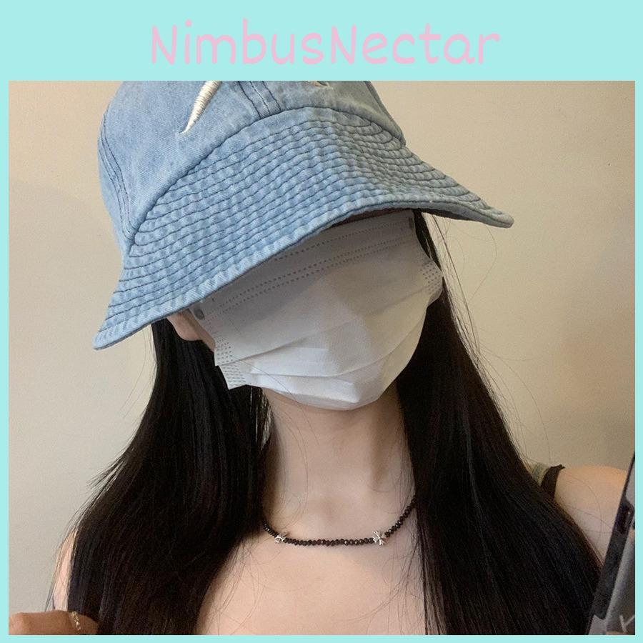 Denim Fashion Women Embroidered Bow Pattern Wide Brim Fisherman Sunshade Hat