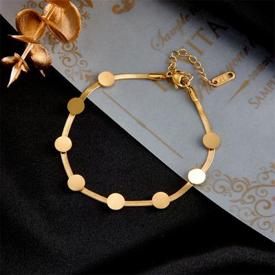 18K Gold Plated Herringbone Bracelet with Round Disc Charms, Dainty Flat Snake Chain Bracelet, Adjustable Minimalist Jewelry for Women Daily Wear Gift
