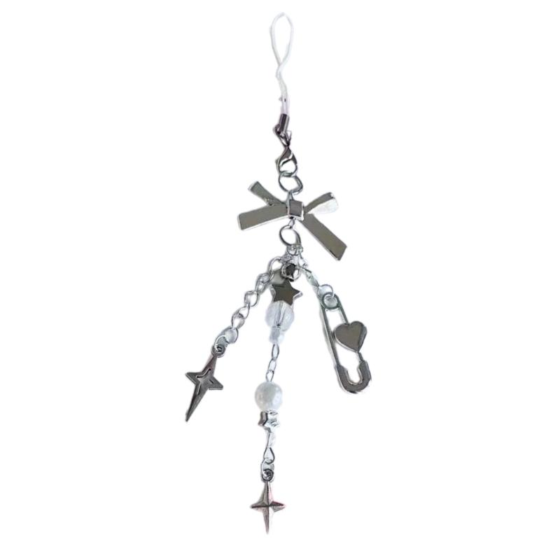 Handmade Angel Wing Phone Pendant Sweet Ribbon Bowknot Keychain Heart Beaded Phone Lanyard Acrylic Keyring Ornament