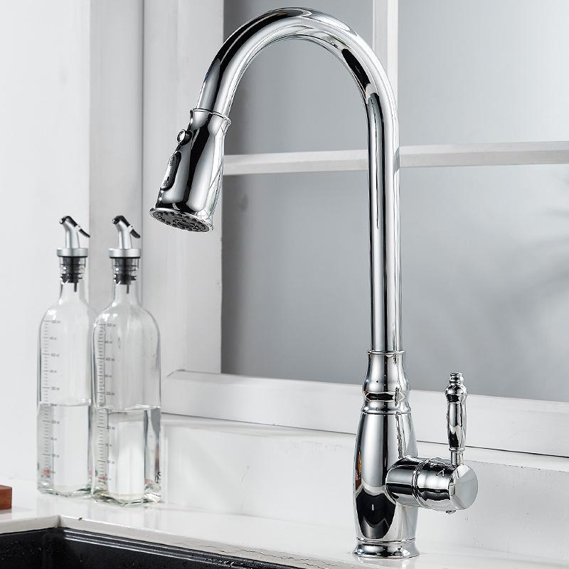 Elegant European-Style Brass Kitchen Faucet with Pull-Out Sprayer for Hot and Cold Water