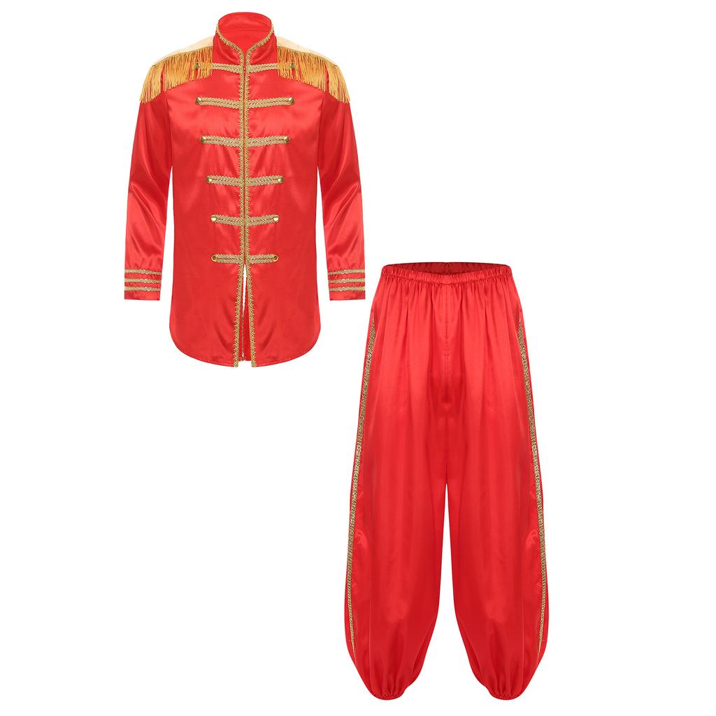 Heren Halloween Hippie Middeleeuws Lange Bovenkleding Kwast Schouderstukken Gouden Biesjes Rits Voorzijde Satijnen Jas en Broek Set