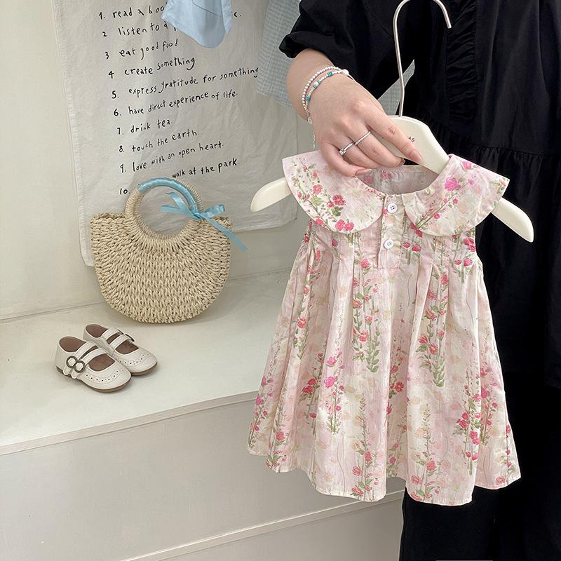 Girls Summer Floral Dress Collar Sleeveless Vest Dress Stylish Versatile Baby Girl Clothes 90cm