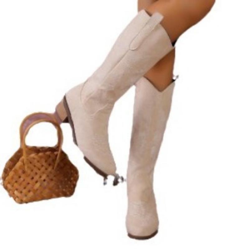 Весна и осень Новые грубые каблуки V-образный вырез узкие высокие дорожные сапоги выше колена вышитые ретро ковбойские сапоги в стиле вестерн 43 слоновая кость 3070₽