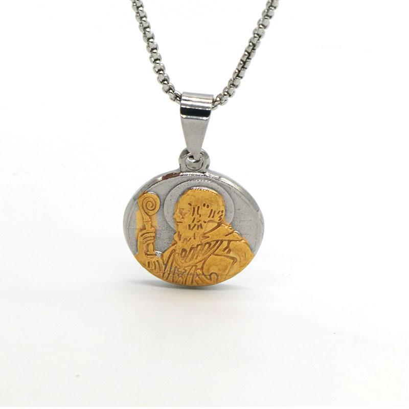 Stainless Steel Religious Exorcism Saint Benedict Necklace Round Pendant No Fade for Family Gathering Faith Souvenir Gifts
