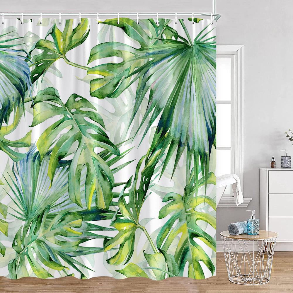 Green Leaves Shower Curtains Monstera Palm Leaf Green Plants Botanical Bathroom Curtain Greenery Bath Deorations with Hooks