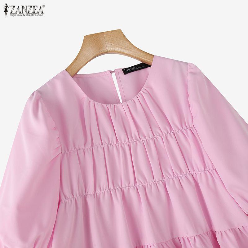 ZANZEA Lässige Bluse mit Rundhalsausschnitt, einfarbig, locker und kurzärmelig für Damen